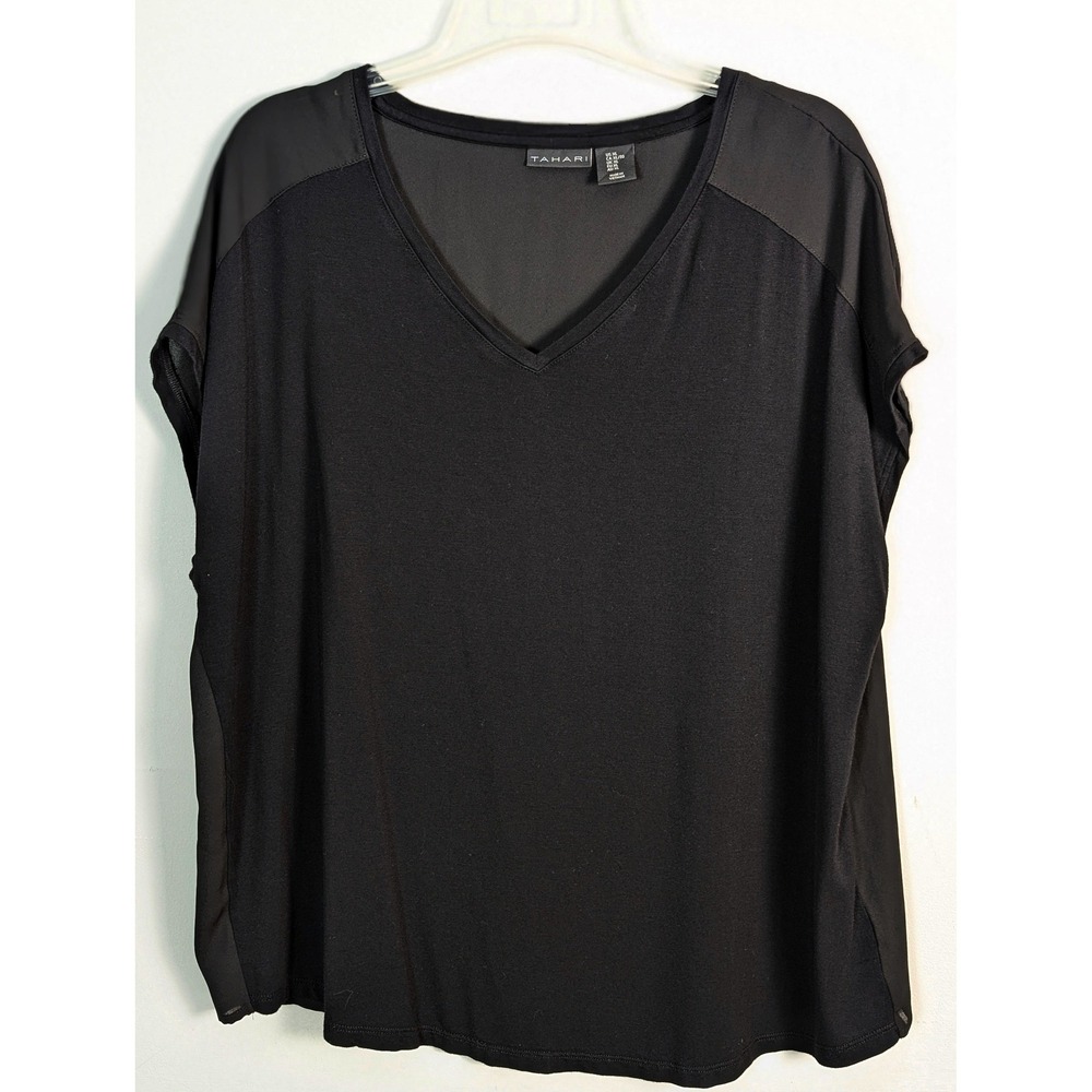 Tahari Womens XL Black Mixed Media V-Neck Short Sleeve Top Chiffon Back Blouse